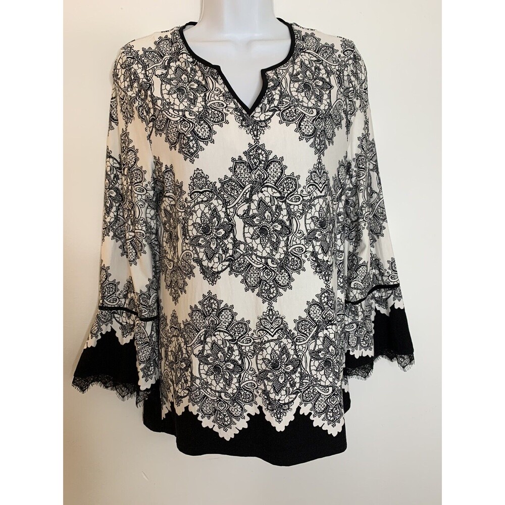 Chico's Blouse Damask Victorian Black White Soft Black Lace Cuff 0 4 S (09)